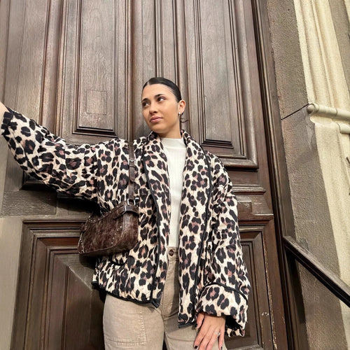 Women's leopard print bomber jacket with a stylish cut and practical pockets Lune London