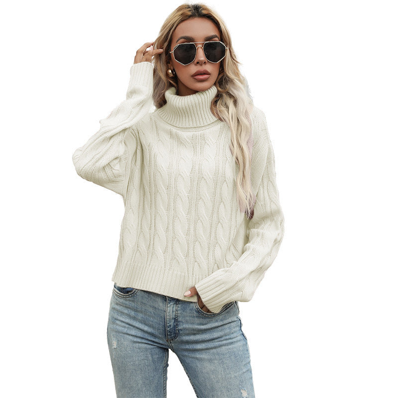 Knit sweater with high collar and cable knit pattern for women Lune London