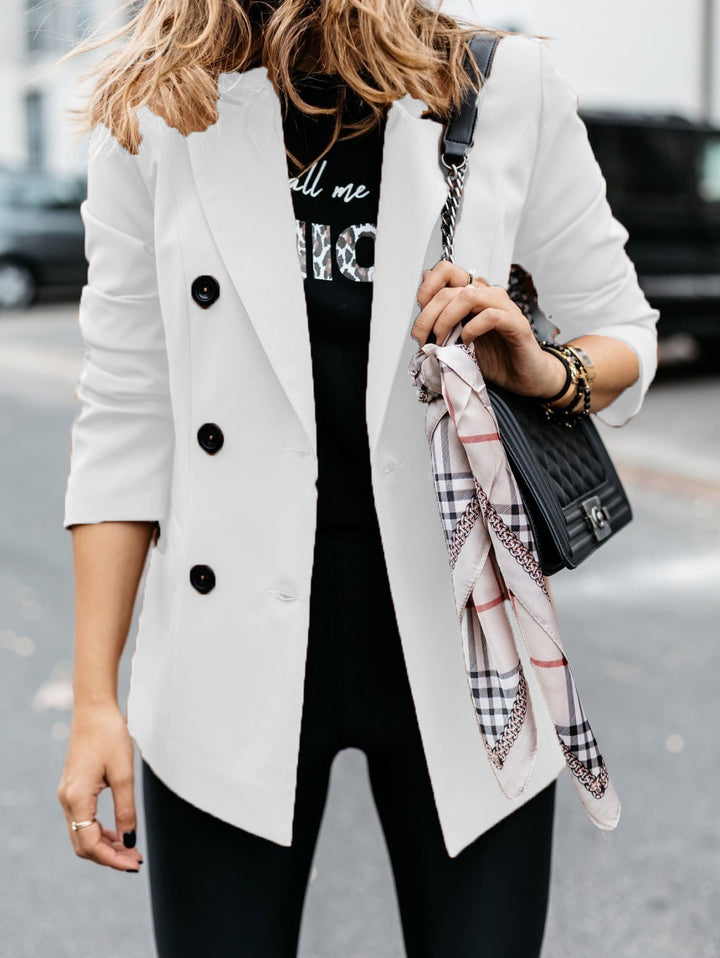 Trendy double-breasted blazer for women with a sleek silhouette and practical pockets Lune London