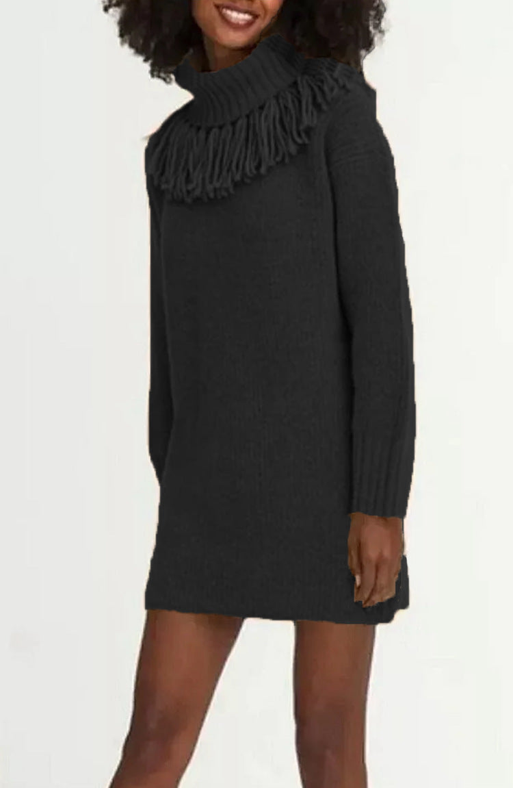 Knit dress for women with high turtleneck and trendy fringes Lune London