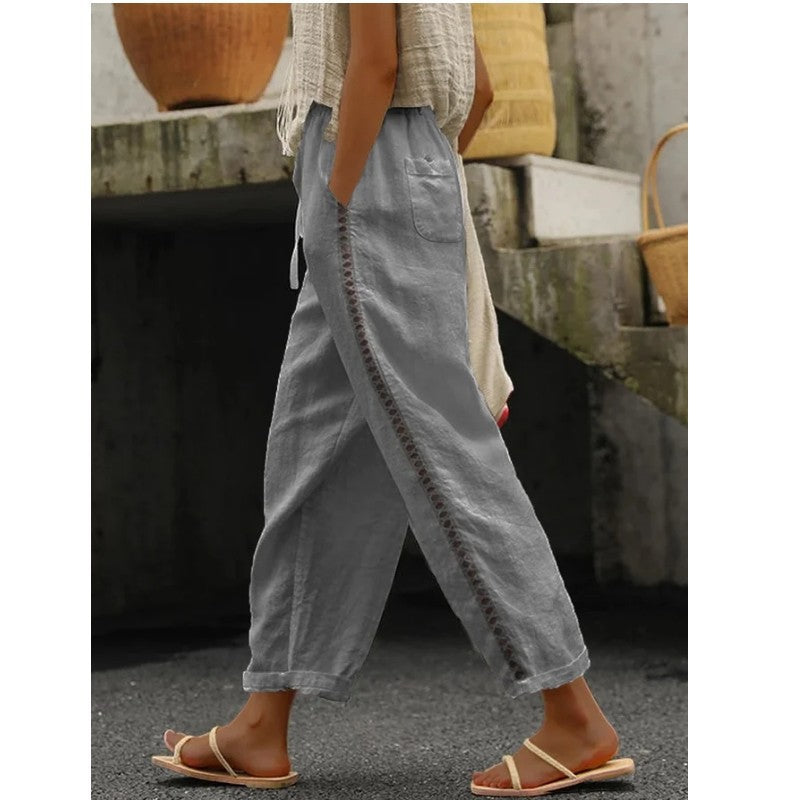 Palazzo pants for women with elastic waistband and tie belt on the side Lune London