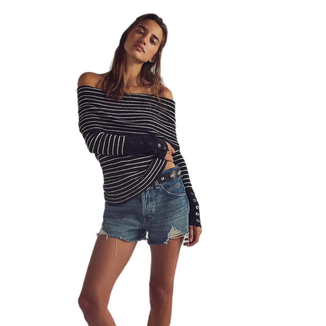 Off-the-shoulder sweater for women with a modern striped pattern and chic button details