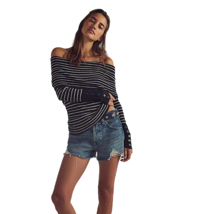 Off-the-shoulder sweater for women with a modern striped pattern and chic button details