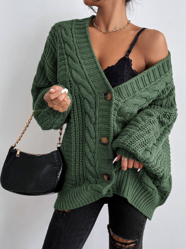 Ladies chunky knit cardigan with wide sleeves and button details Lune London