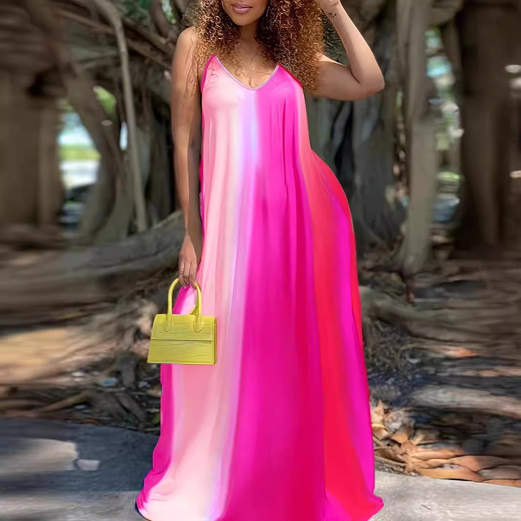 Maxi dress for women with a fluid color gradient and delicate spaghetti straps Lune London