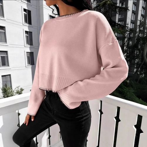 Cropped knit sweater for women with round neckline and ribbed details Lune London