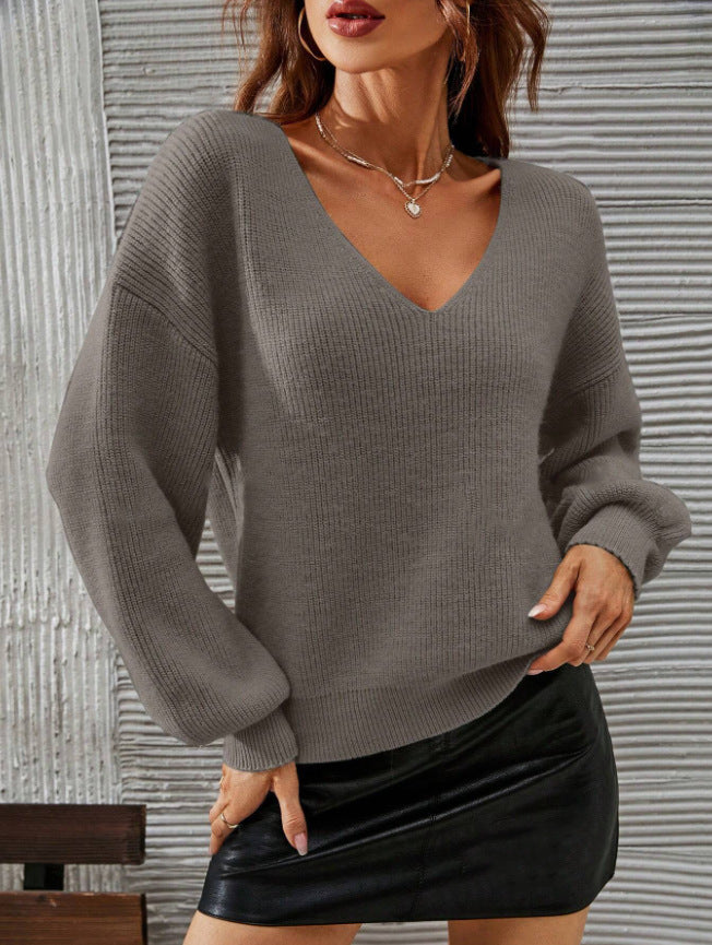 Pull femme à col en V avec une coupe décontractée et des manches ballon à la mode Chic & Stil