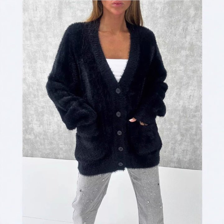 Ladies Buttoned Fleece Cardigan with Relaxed Fit Lune London