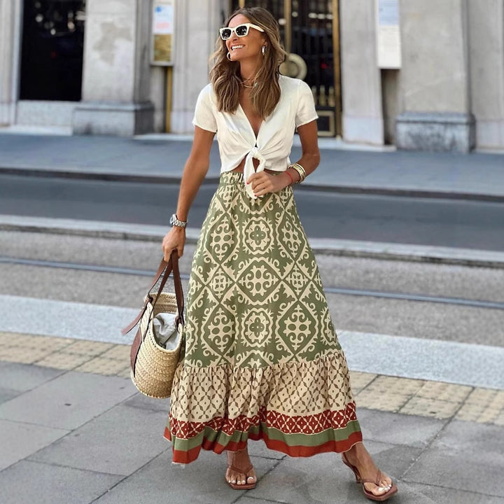 Maxi skirt for women with playful ethnic design and voluminous hem Lune London