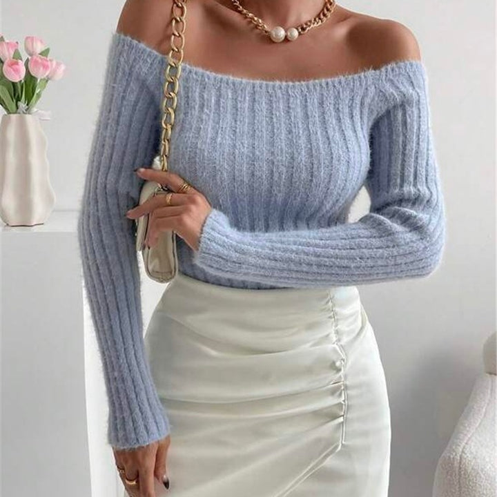 Ladies Off-Shoulder Knit Sweater with Fine Rib Structure and Long Sleeves Lune London