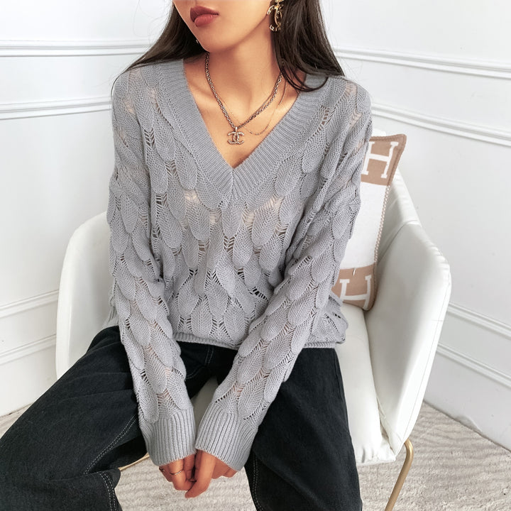 Ladies lightweight knit V-neck sweater with transparent hole pattern Lune London