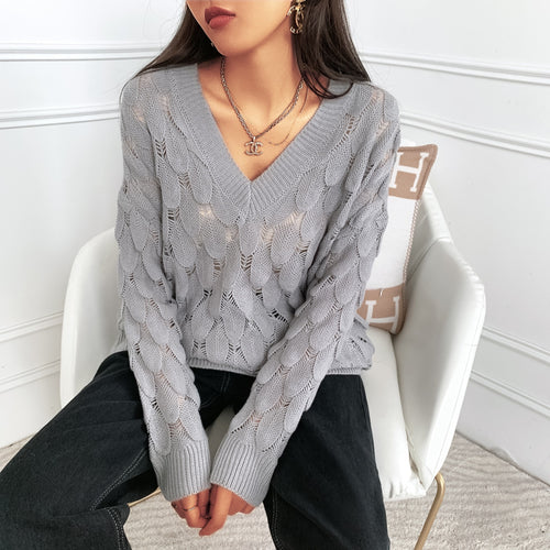 Ladies lightweight knit V-neck sweater with transparent hole pattern Lune London