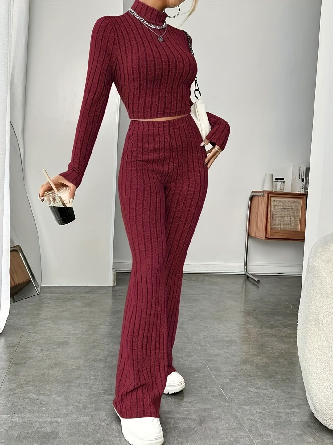 Women Stylish Ribbed Knit Set with 3/4 Sleeves and High Waist Lune London