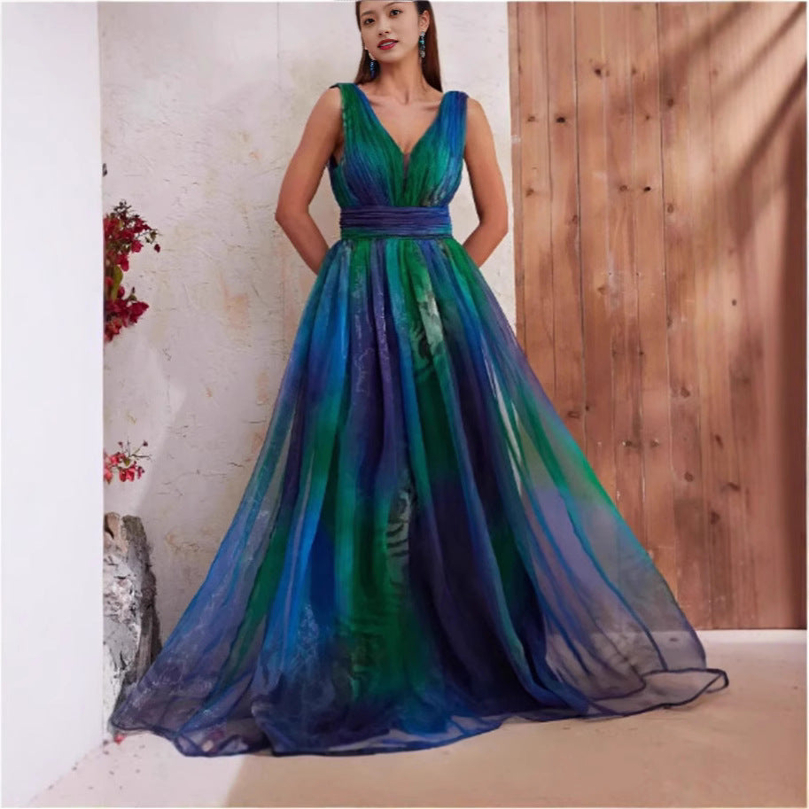Women's Elegant Evening Dress with Shimmering Tulle Layers and Deep V-Neck