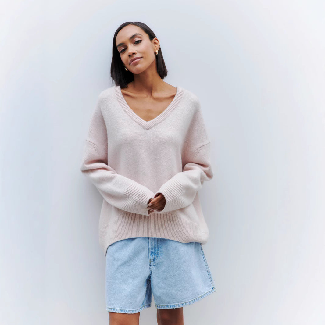 Viscose sweater for women with deep V-neckline and wide edges Lune London