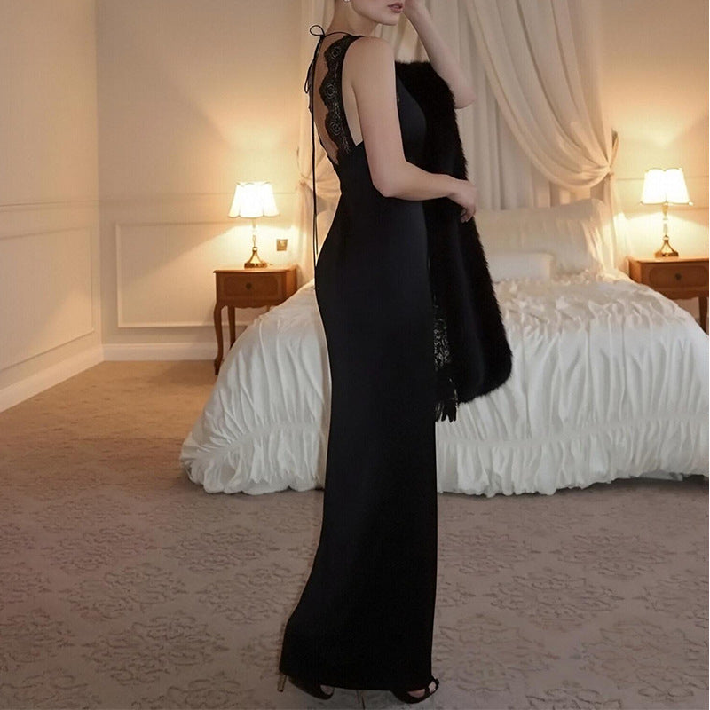 Robe maxi en dentelle élégante pour femme avec décolleté en V profond et gants longs Chic & Stil