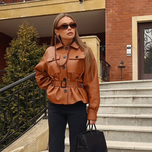 Faux leather jacket for women with fitted cut and belt Lune London