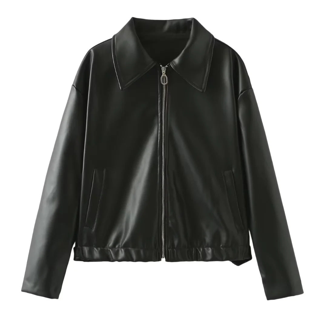 Trendy faux leather jacket for women with oversized collar Lune London