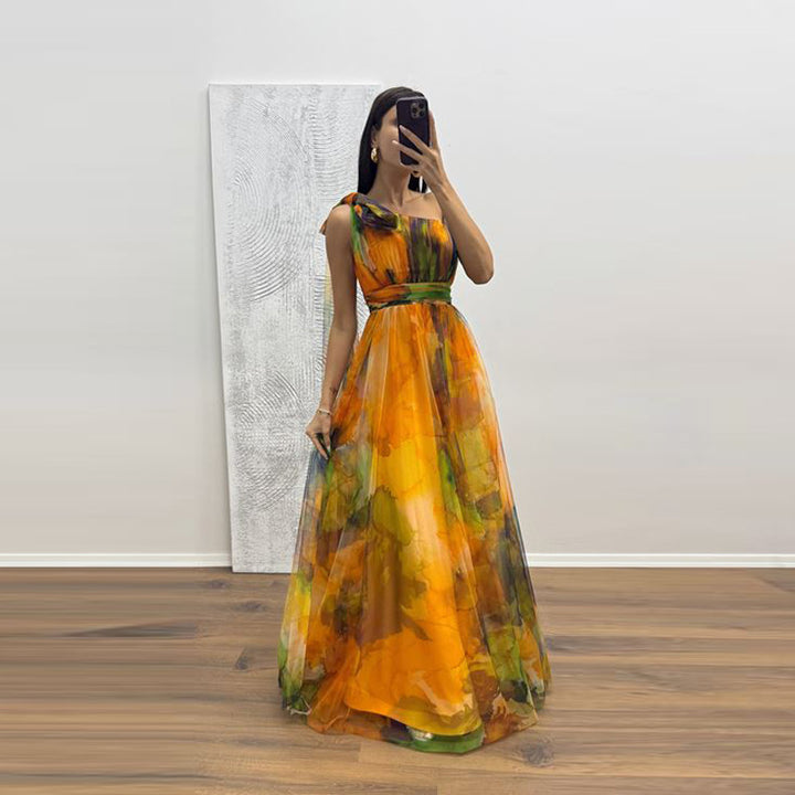 Women's Festive Maxi Dress with Sheer Chiffon Overlays and Delicate Ruffle Design