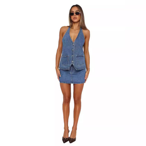 Ladies' denim dress with sleeveless design and practical pockets Lune London