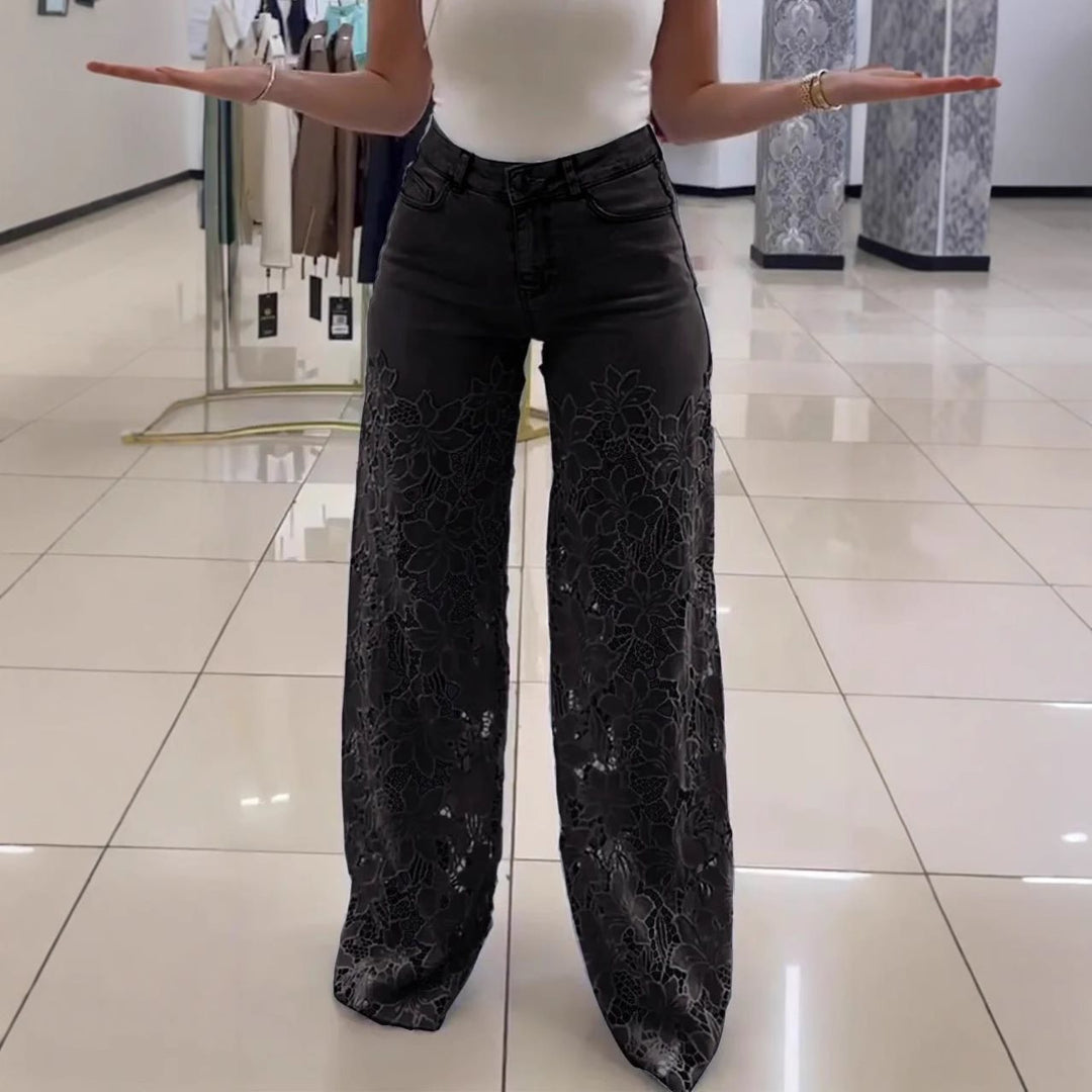 Women Elegant Wide Leg Jeans with Floral Lace Insert Lune London