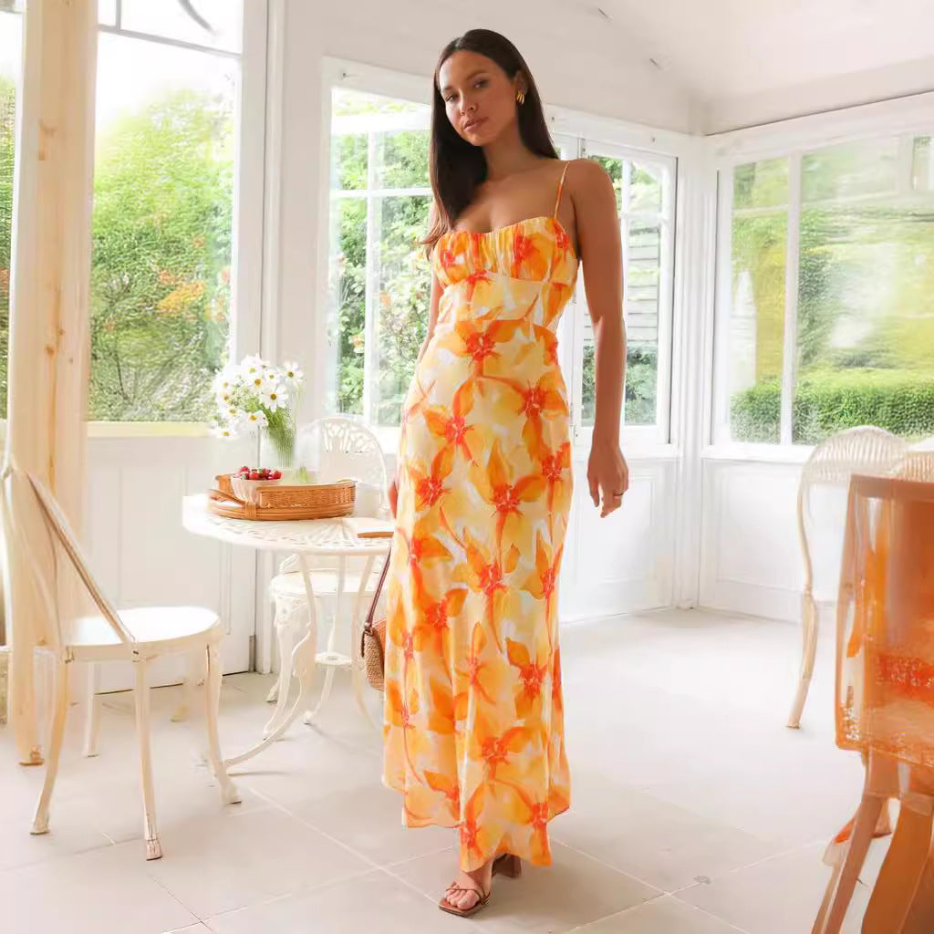 Women’s maxi dress with elegant gathering design and supportive spaghetti straps