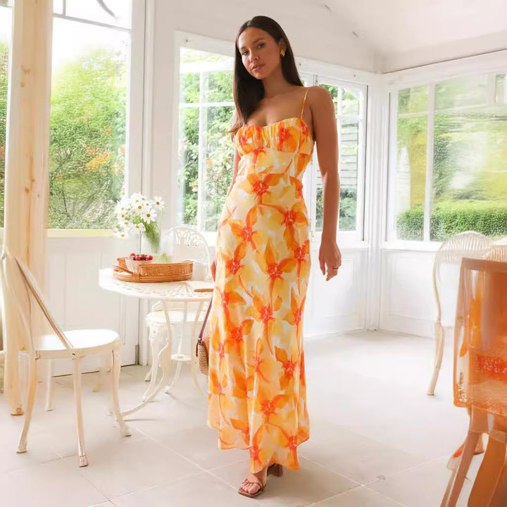 Women’s maxi dress with elegant gathering design and supportive spaghetti straps