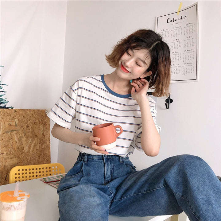 Women Striped T-Shirt with Round Neck and Loose Fit Lune London