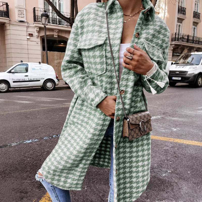 Women Oversized Houndstooth Print Shirt Jacket Lune London