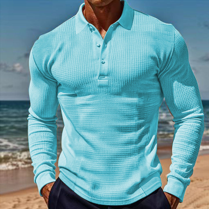 Elegant long sleeve polo for men with button placket and structured design Lune London