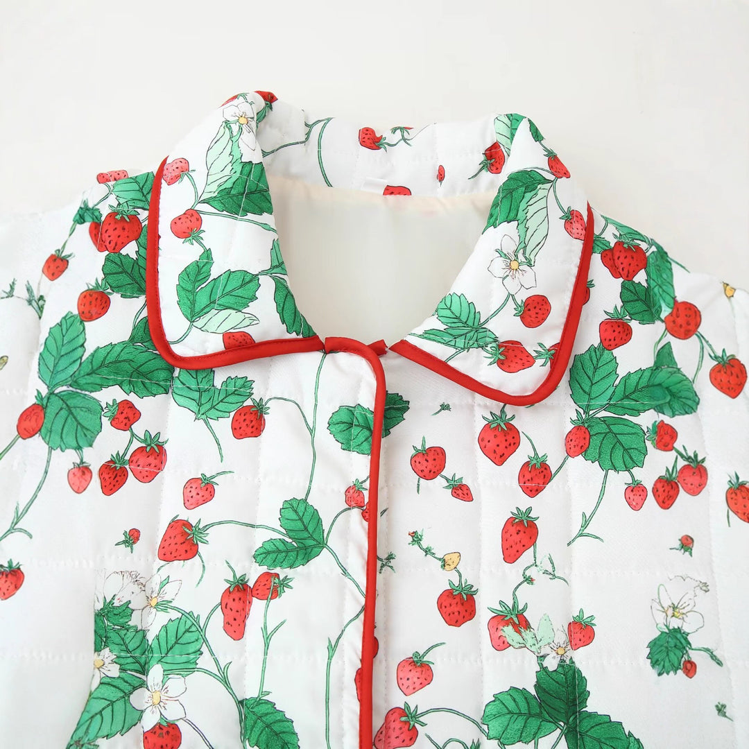 Quilted jacket for women with a cheerful strawberry pattern and practical pockets Lune London