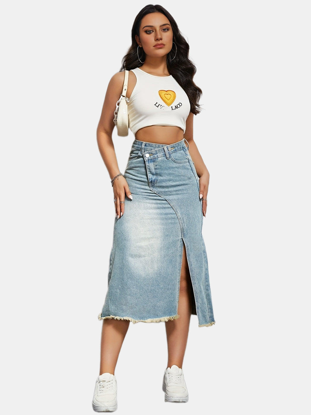 Women's midi denim skirt with high waist and stylish fringe hem