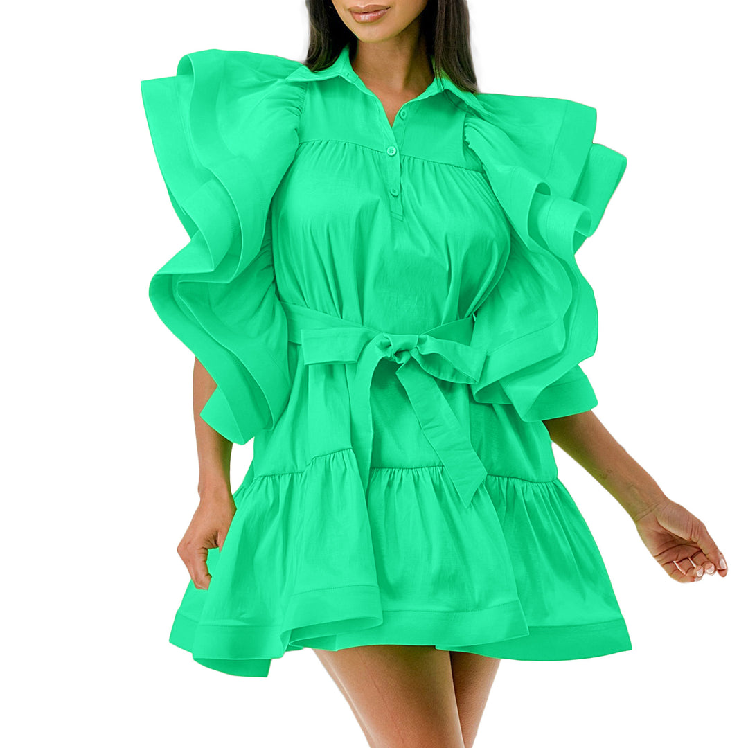 Shirt dress for women with voluminous ruffle sleeves and a belt at the waist Lune London