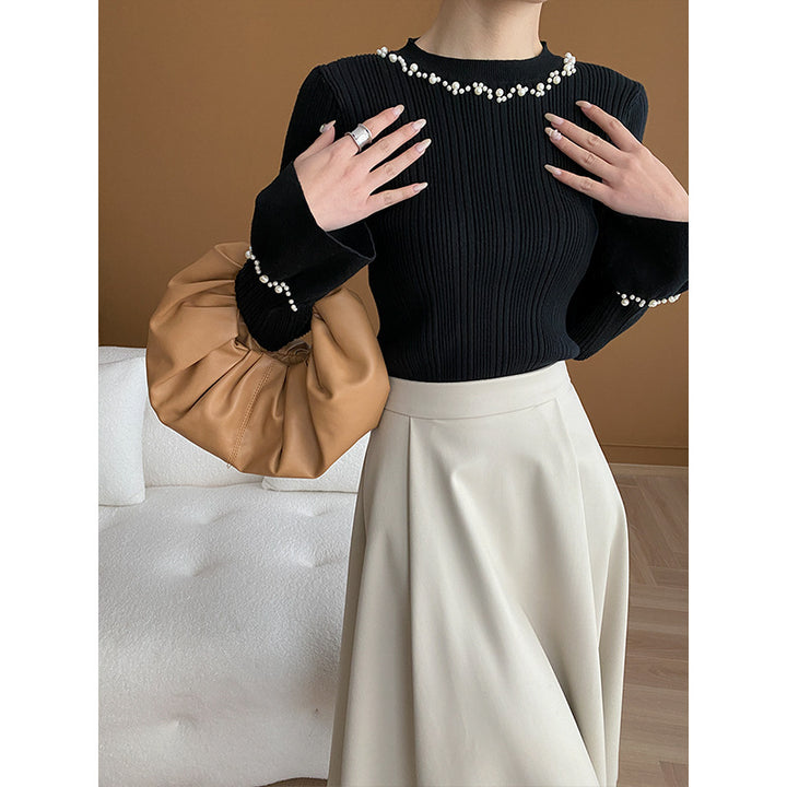 Women's Long Sleeve Sweater with Pearl Decoration Chic & Stil
