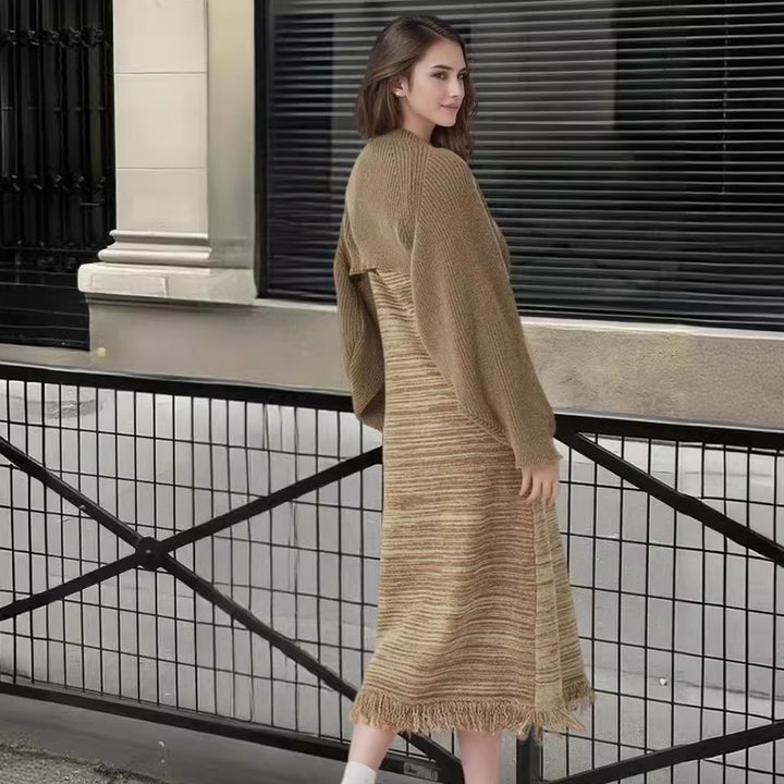 Knitted dress for women with wide U neckline and fringe hem Lune London
