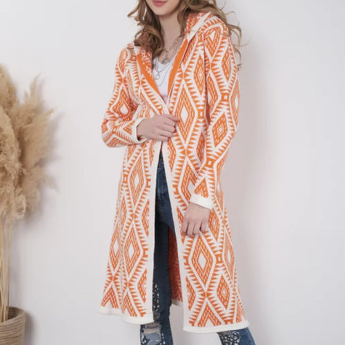 Women Long Knitted Cardigan with Chic Geometric Pattern and Style