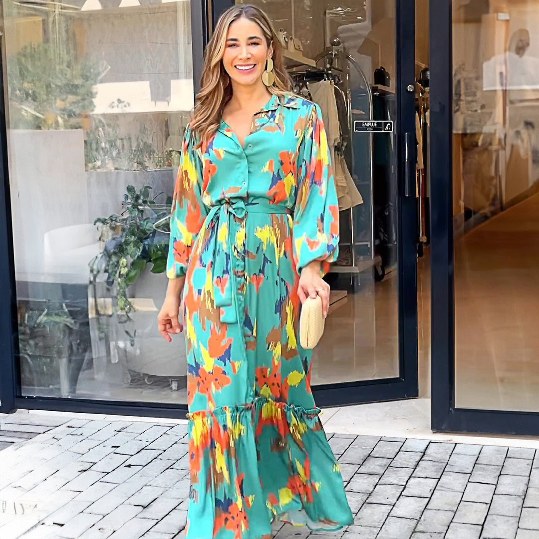 Airy maxi dress for women with a colorful graphic design and elegant ruffle details Lune London