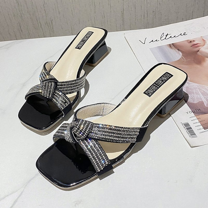 Elegant ladies' sandals with rhinestone embellishments and comfortable block heel Lune London