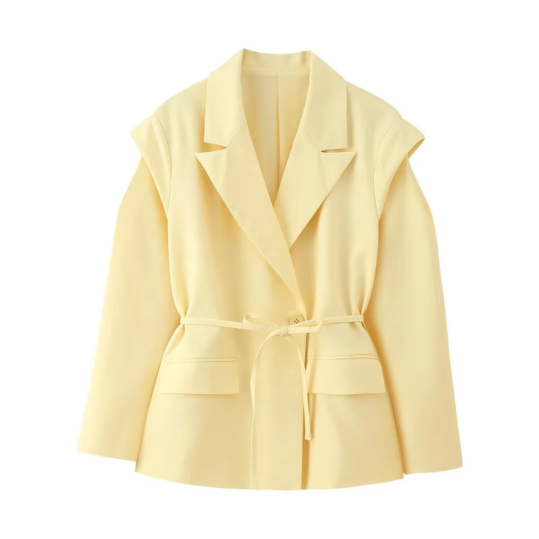 Trendy women's blazer jacket with belt and silk look Lune London