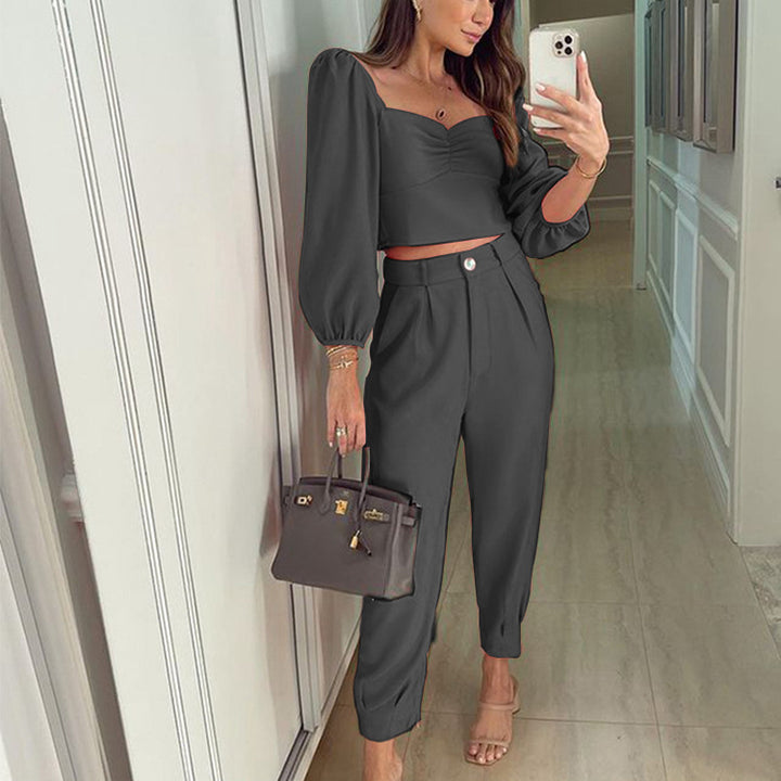 Two-piece outfit for women with puff sleeves and elegant high-waisted pants Lune London