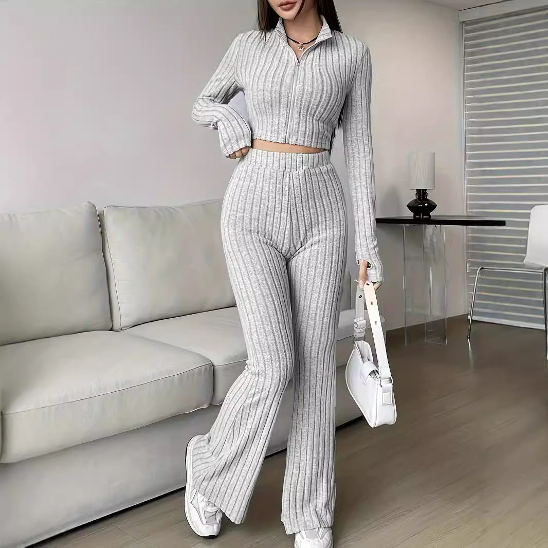 Modern knit set for ladies with cropped top and wide pants Lune London