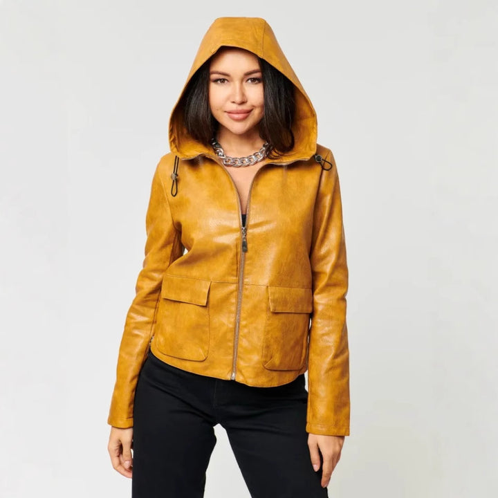Faux leather jacket for women with integrated hood and practical pockets Lune London