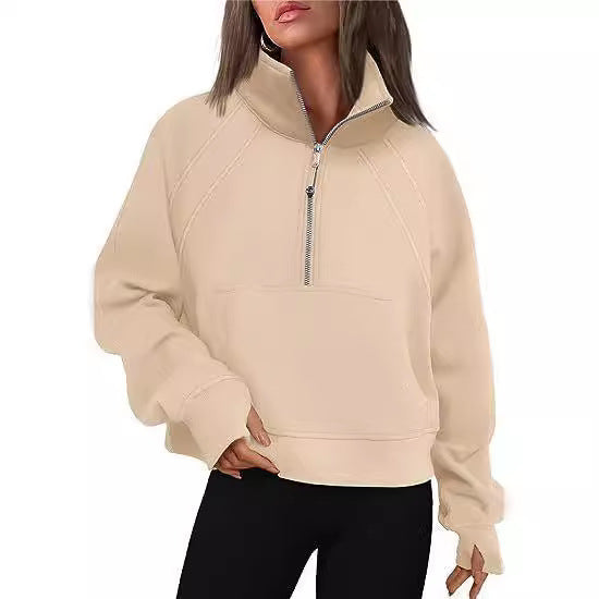 Ladies mid-zip plush pullover with hood and kangaroo pocket Lune London