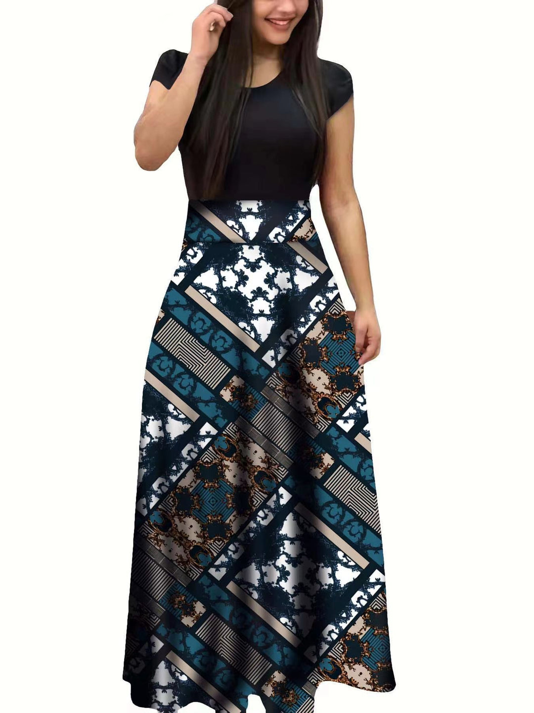 Women's Elegant Maxi Dress with Graphic Print and Flexible Waist Lune London