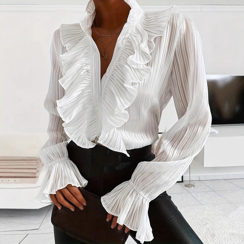 Women Pleated Blouse with Ruffle Details and Elegant Ruffles Lune London