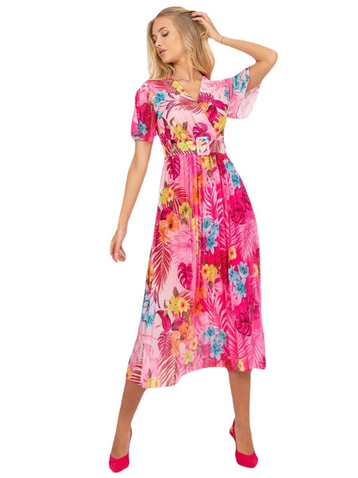 Maxi flower pleated dress for women with adjustable belt Lune London