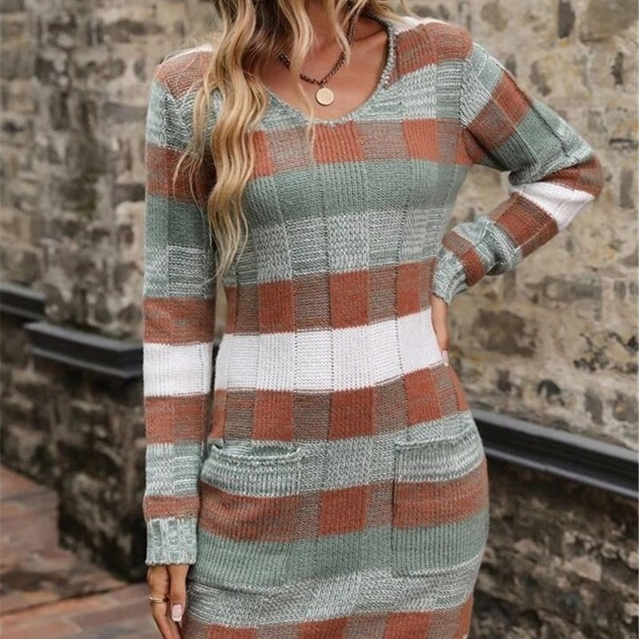 Knitted dress for women with a modern checked pattern and applied pockets Lune London