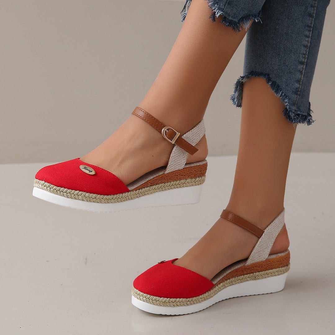 Wedge heel sandals for women with woven strap design and comfortable sole Lune London