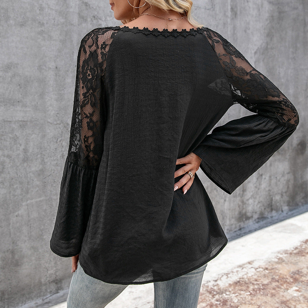 Women's blouse with sheer lace sleeves and trendy V-neck Lune London