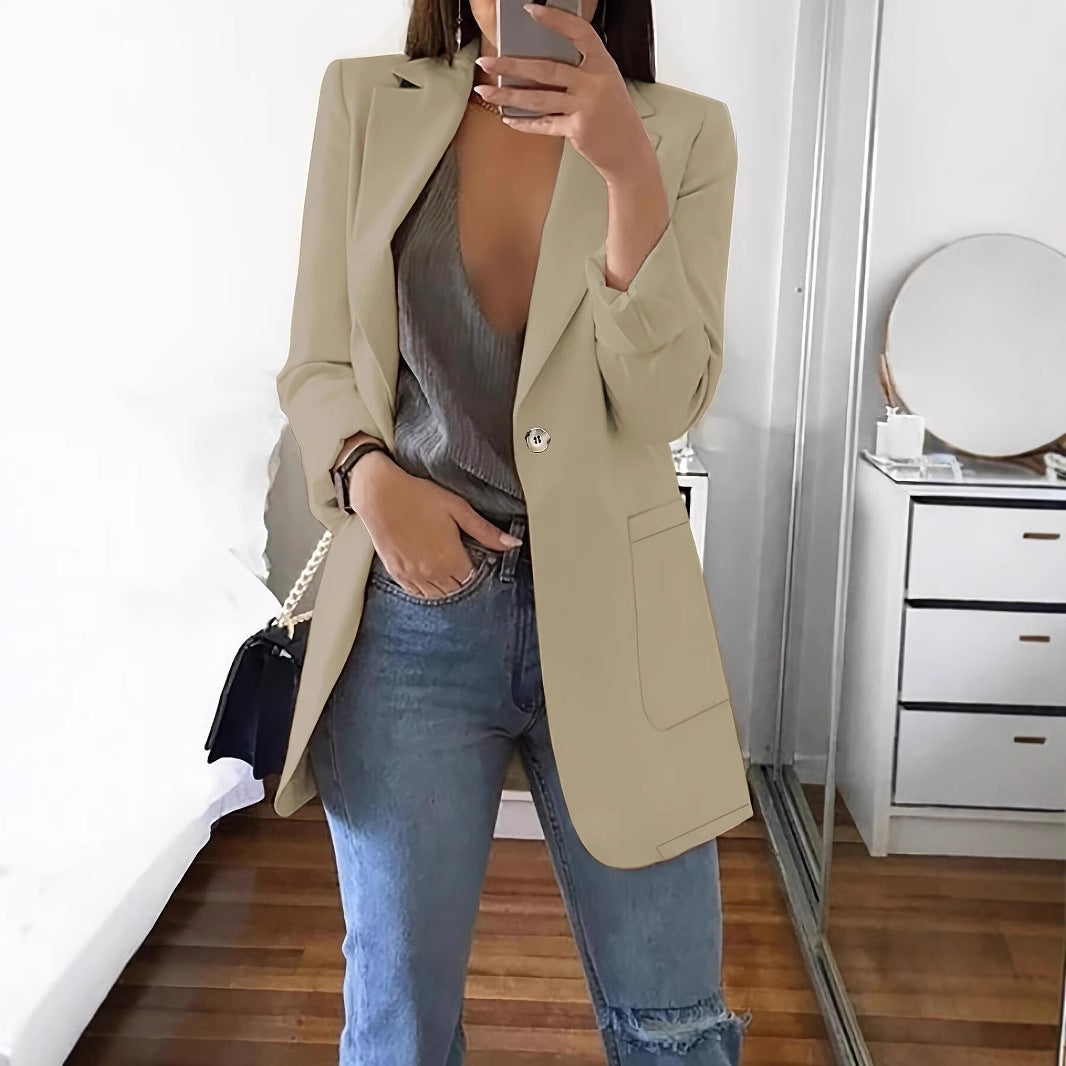 Elegant women's blazer jacket with shiny button details and spacious pockets Lune London